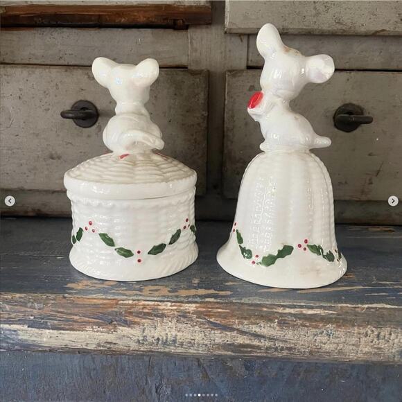 Vintage Christmas Mouse Georgian Fine Bone China Trinket Box Bell Taiwan - Picture 4 of 8